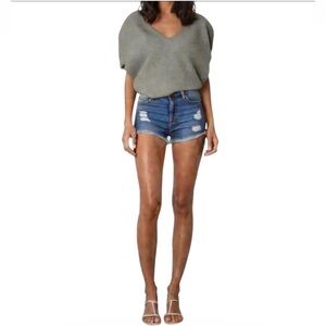 1822 Denim -Blue Distressed Jean Shorts with Frayed Edges